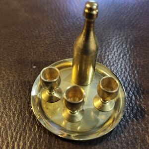 Elegant Brass Miniature Wine Bottle and Goblet Set